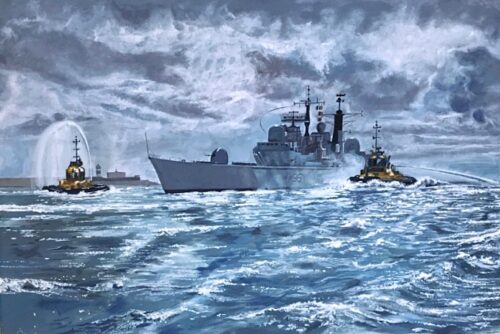 HMS Gloucester Final Homecoming warship naval art Pankhurst Gallery